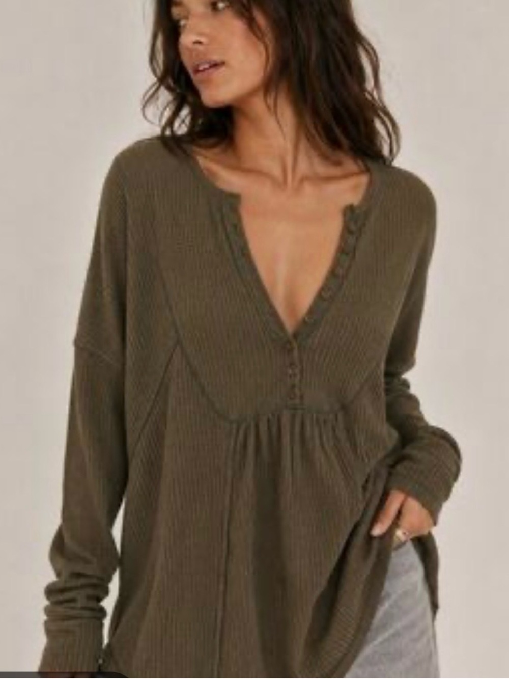 Free People Olive Ribbed Henley Top - Picture 1 of 4